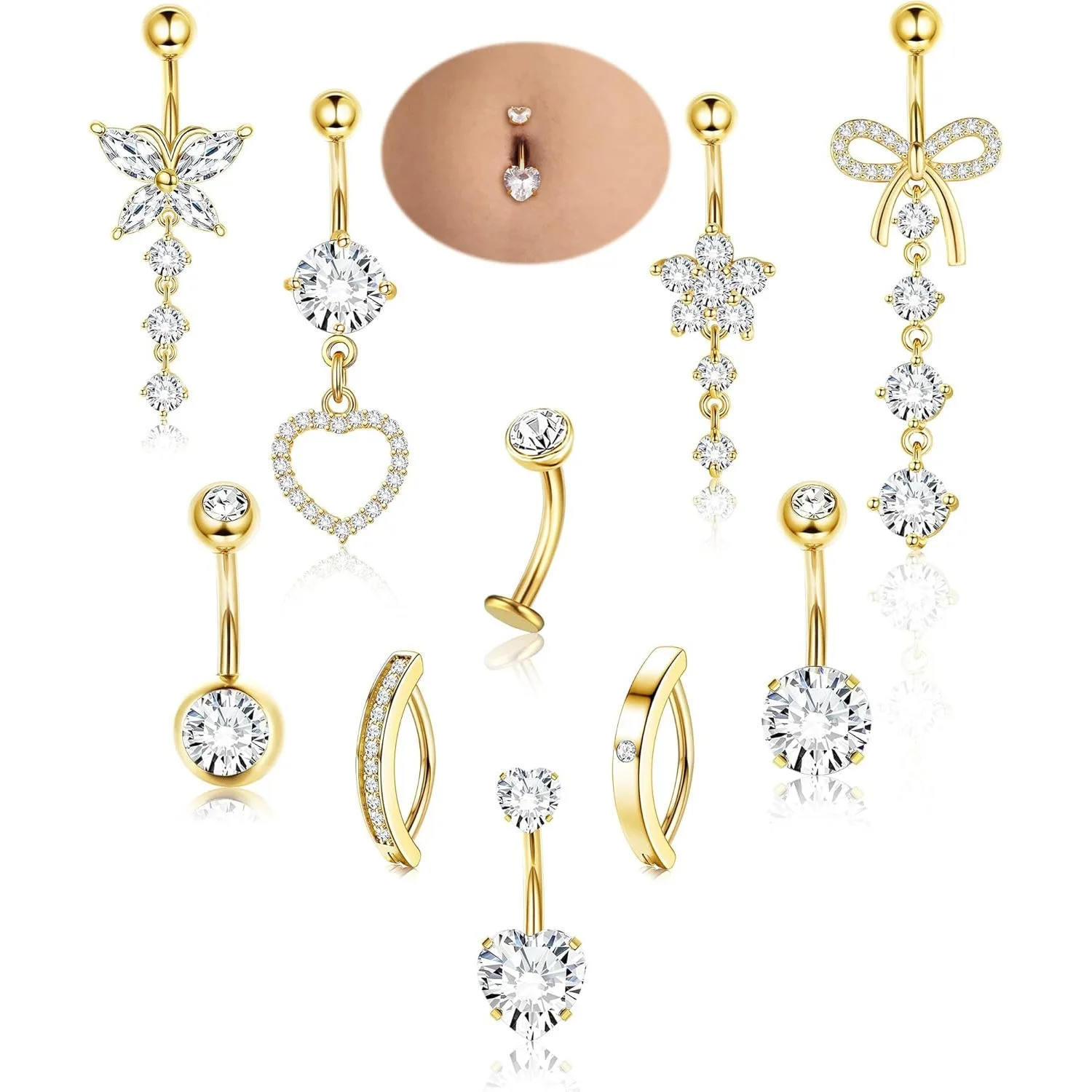 Bobisty 1 Stück Bauchnabelpiercing-Ring aus Chirurgenstahl mit CZ-Herz Bauchnabelringe für Frauen Hängender Nabelpiercing-Schmuck Sommer-Schmuck 14G