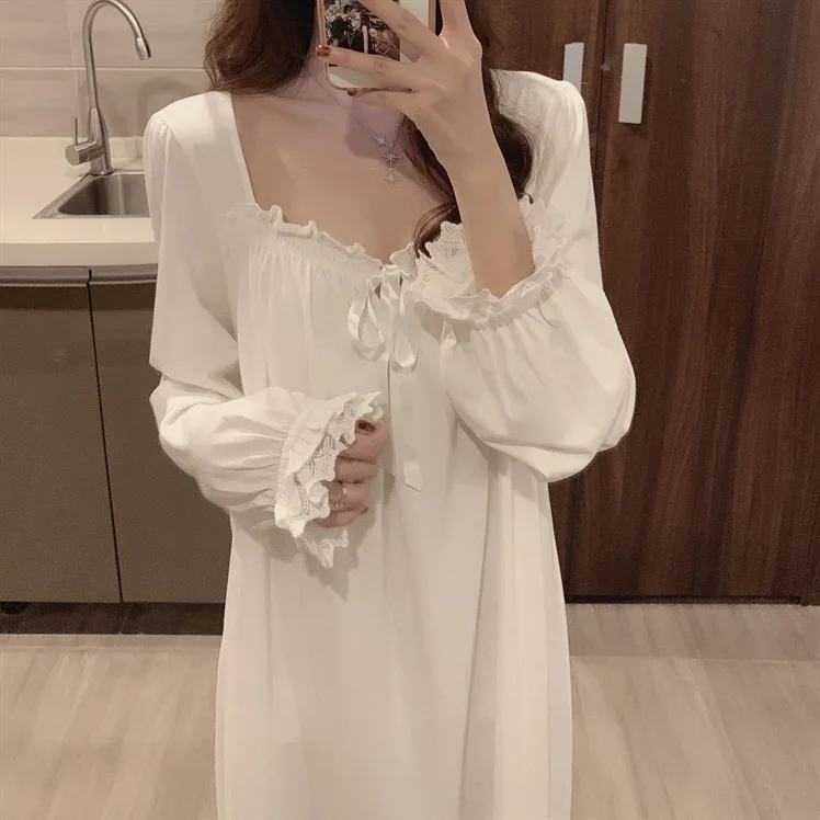 Langarm-Nachthemd im Prinzessinnen-Stil, Damen-Pyjama, Spitze, Palast, koreanische Version, locker, Übergröße, 2024, neue Homewear, Geburtstagsgeschenk – Detail 7