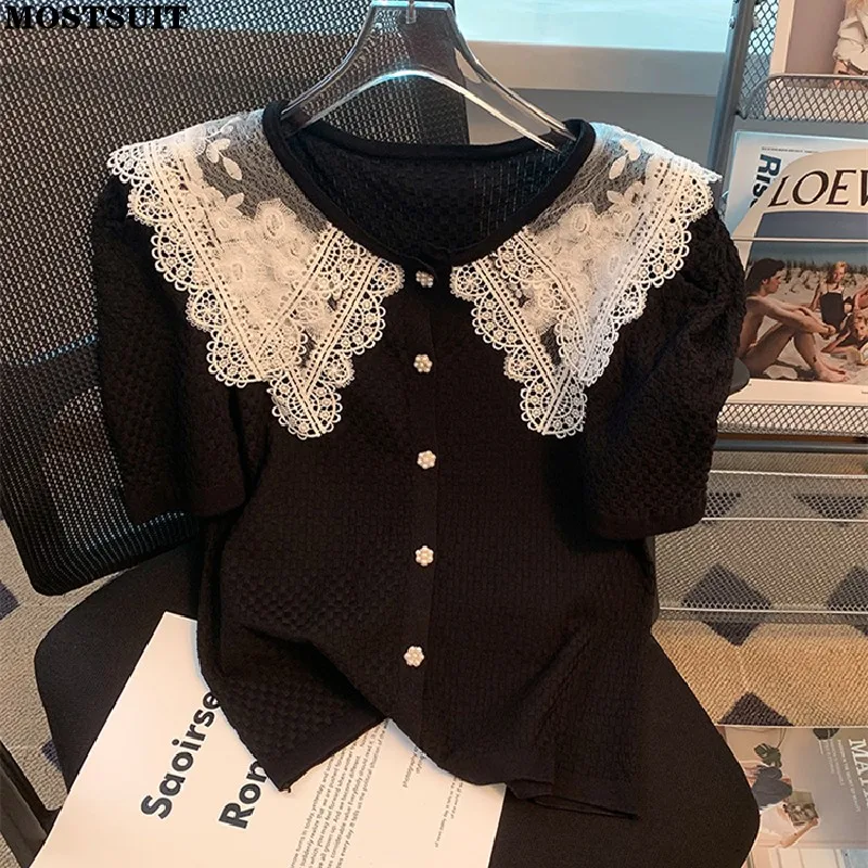 Black Lace Collar Ice Silk Knit Tshirt Sweater Women Elegant Stylish Fashion Pullover Tops 2023 Summer Short Sleeve Knitwear Tee