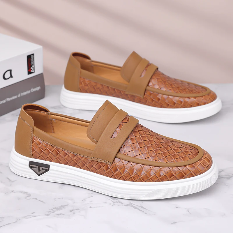 Men's Leather Casual Shoes Woven Pattern Handmade Flat Loafers Men's Dating Luxury Party Shoes Formal Men's Driving Shoe