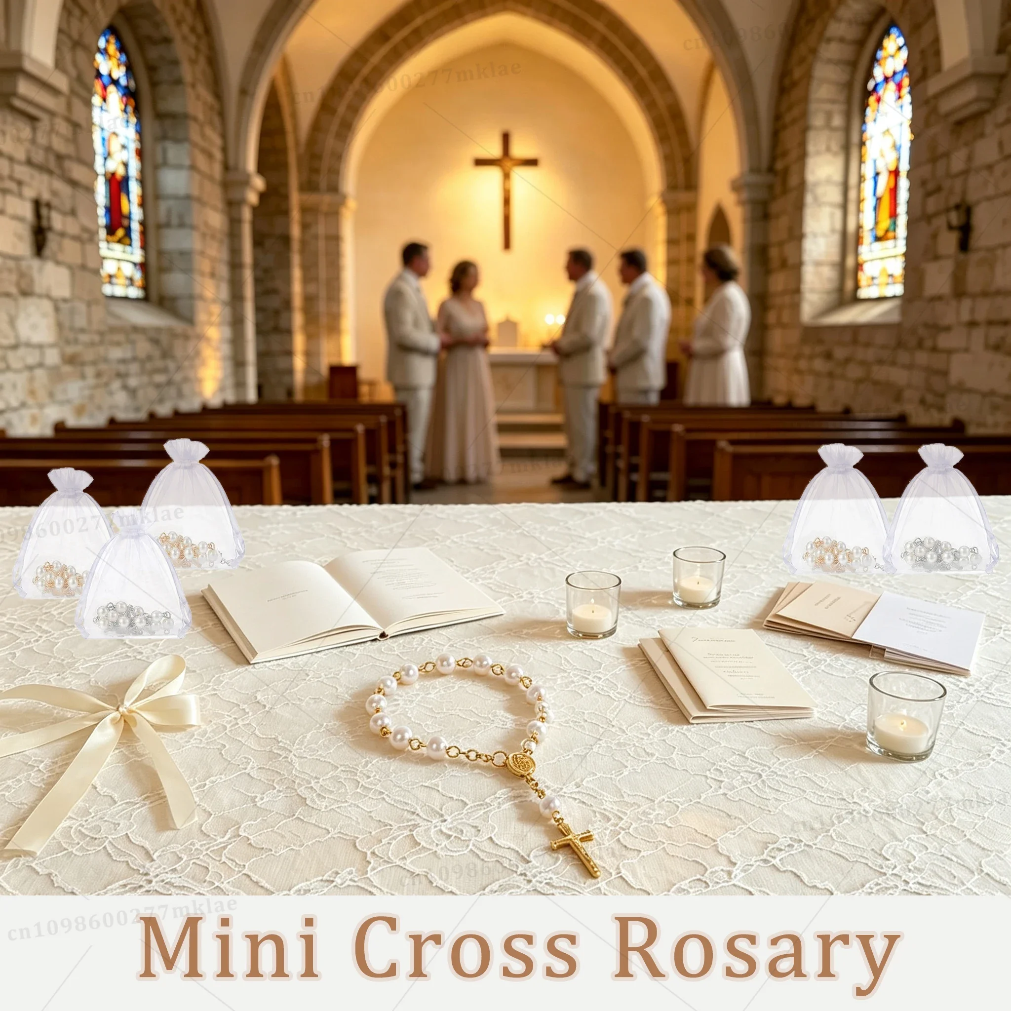 10-150Pcs Baptism Rosary Mini Rosary Favors Cross Rosary Memories Bracelet Bead with Organza Bag for Baptism Favors Christening