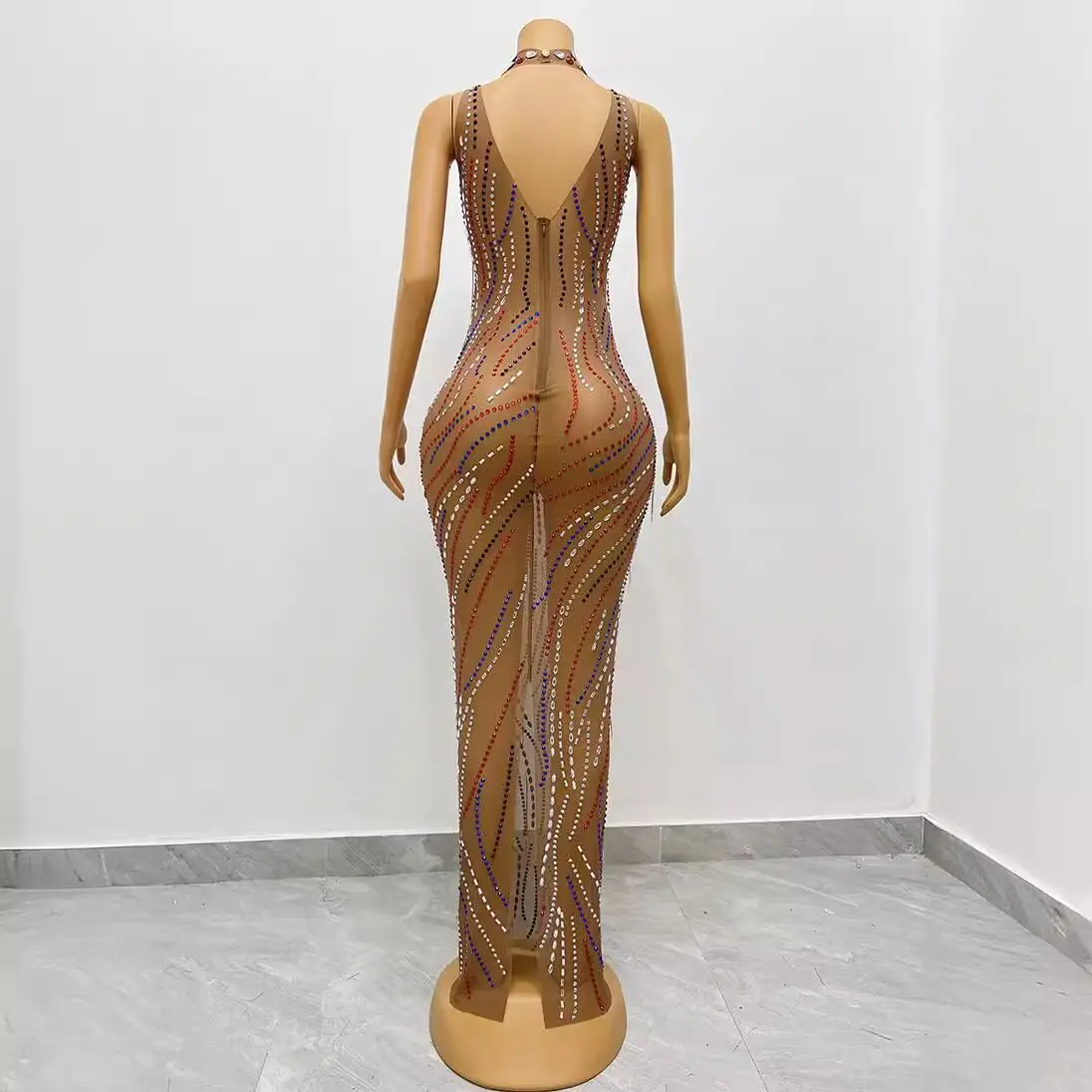 Color bars sexy tight perspective mesh shiny rhinestone chain dress cocktail party evening dress long dress performance clothes