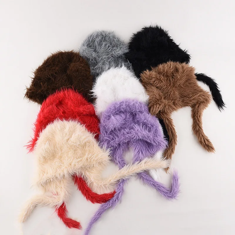 1pcs Winter Soft Plush Cute Cat Women's Hats Beanies Knitted Hats Korean Casual Shopping Ear Protection Strap Beanies Cap
