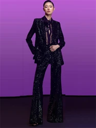 Glitter Sequined Women 2 Pieces Suit Set Fashion High Street Designer Tuxedo Set Double Breasted Blazer With Wide Leg Pants