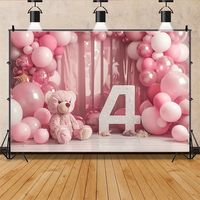 

Happy Birthday Photography Background Number Pink Bear doll Hydrogen balloon Floral Baby Party Backdrops SR-841