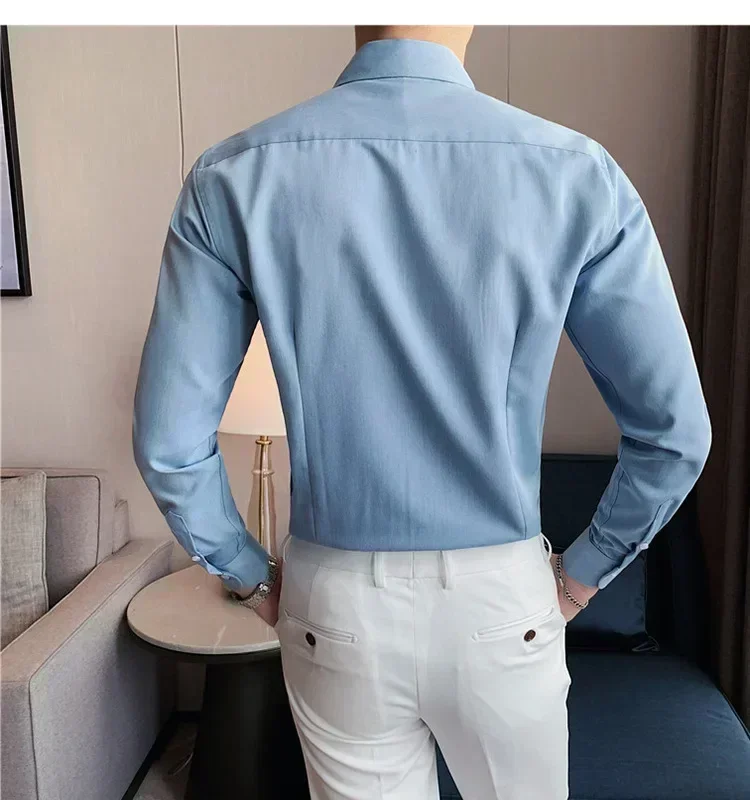 Men\'s Slim Long-sleeved Shirts Luxury Non-ironing Business Casual Shirt Solid Color Top Trend Handsome White Black Blue S-4XL