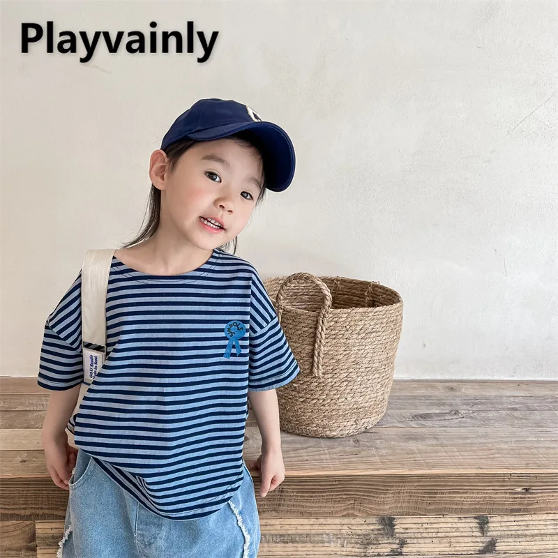 

Summer Children Clothes Korean Style Boy and Girl Beige Blue Stripe O-neck Short Sleeve T-shirt Casual Loose Kids Tops A22302