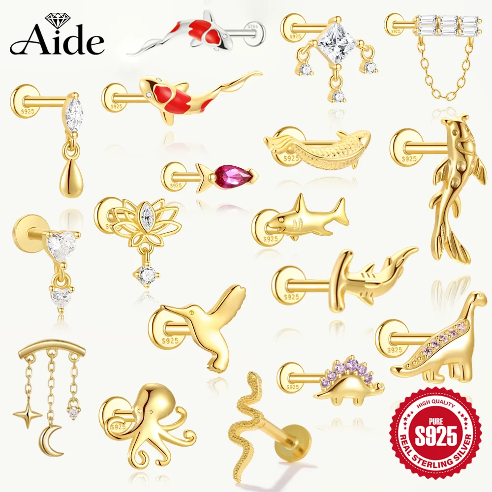 AIDE 1 шт. стерлингового серебра 925 пробы Lucky Red Koi серьги для пирсинга для женщин геометрическая цепочка циркон серьги-гвоздики из ушной кости ювелирные изделия