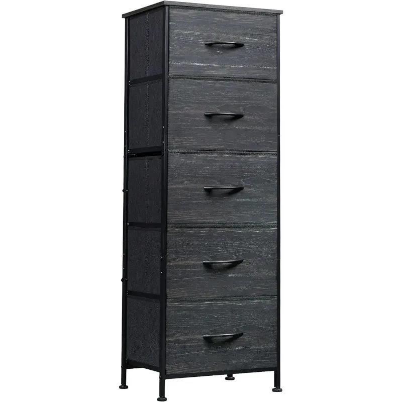 Fabric Dresser, 5-Drawer Tall Dresser for Bedroom, Storage Dresser Organizer with Fabric Bins, Wood Top, Sturdy Steel Frame