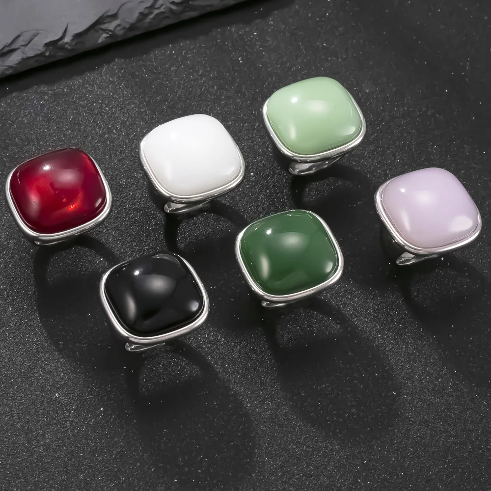 Vintage Square Natural Stone Ring for Women Stainless Steel Ring PVD Gold Plated Jewelry New