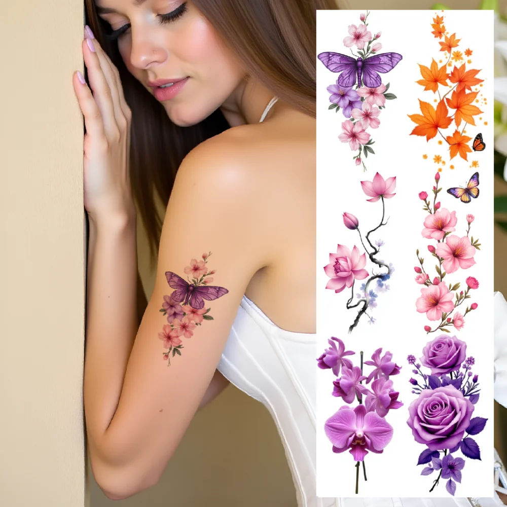9pcs Temporary Tattoo Orchid Design Colorful Flower Arrangement Arm Decoration Temporary Tattoo Stickers Body Art For Male