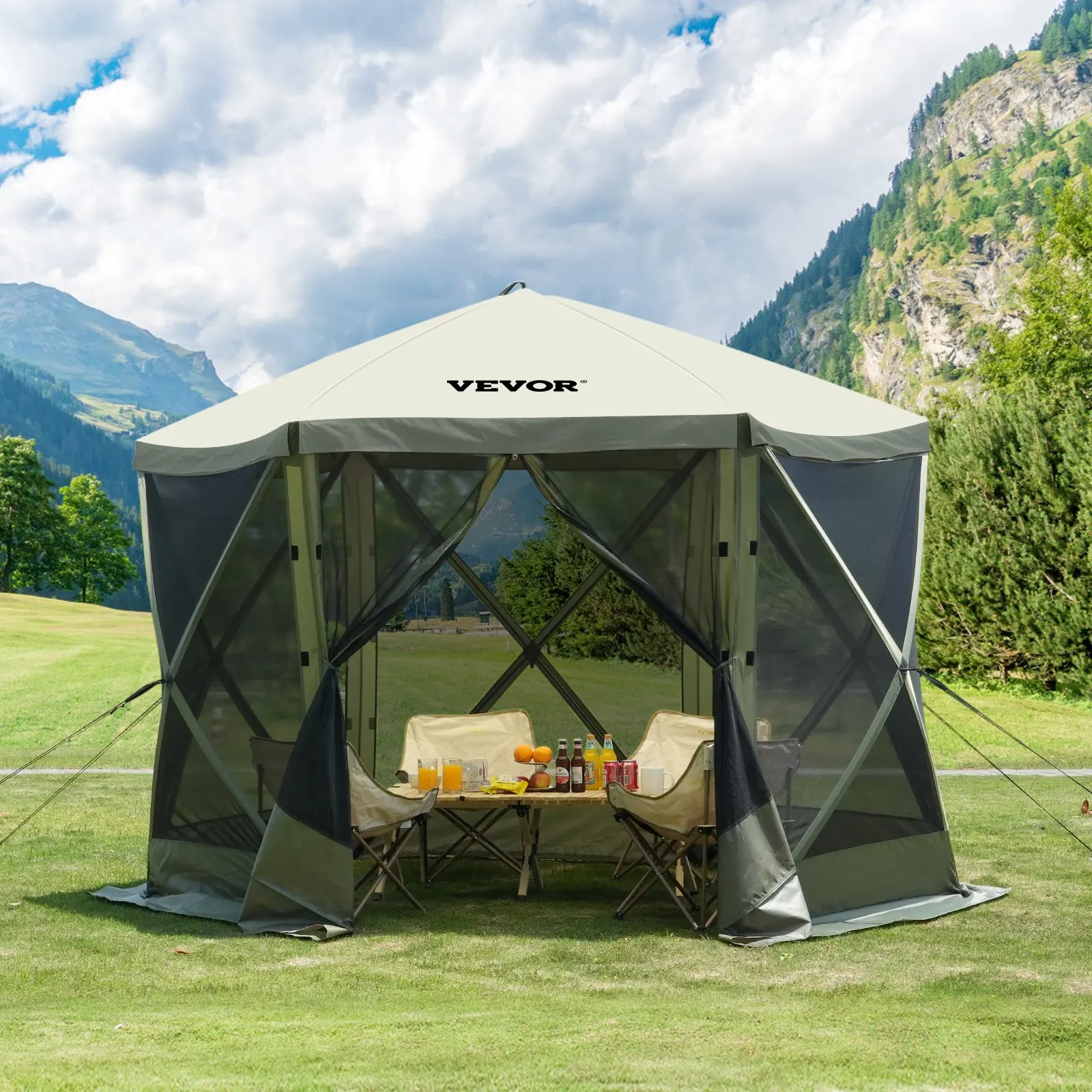 Tonnelle escamotable hexagonale en polyester 10x10 pieds vert armée avec 6 panneaux coupe-vent détachables, installation rapide, auvent anti-moustiques, fenêtres latérales entièrement en maille, rideau d'intimité pour jardin / événement extérieur