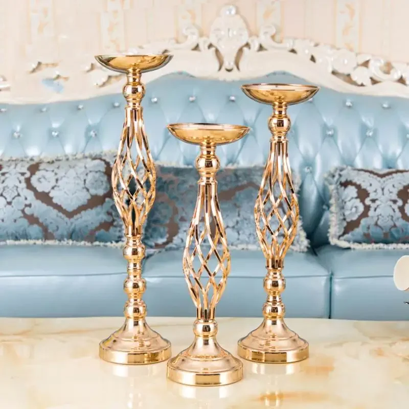 PEANDIM Gold Flowers Vases Holder Pillar Candlestick For Wedding Table Centerpieces Decor Hollow Style Candle Holders For Home