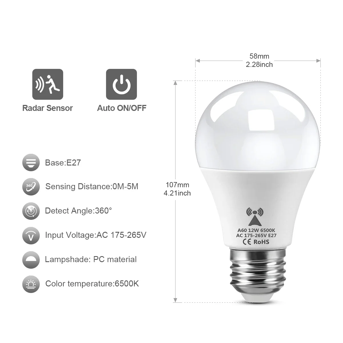 5-20PCS LED E27 Radar Sensitive Motion Sensor Light Bulb AC100-240V Energy Saving Smart Detection for Stair Doorway 1-6M Range