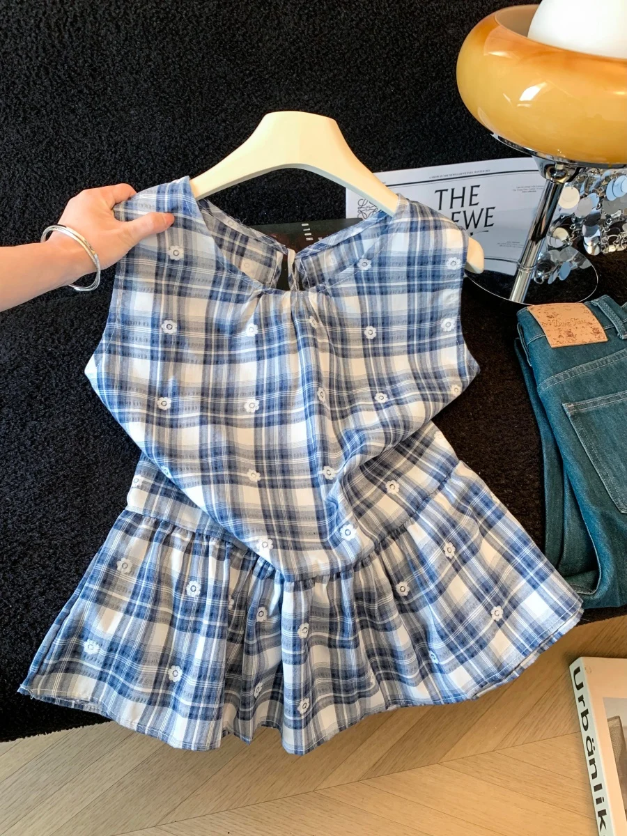 

Summer Design Sweetness Back Strap Embroidered Sleeveless Plaid Shirt Women's Fashionable Casual Sweet Style Top Vest
