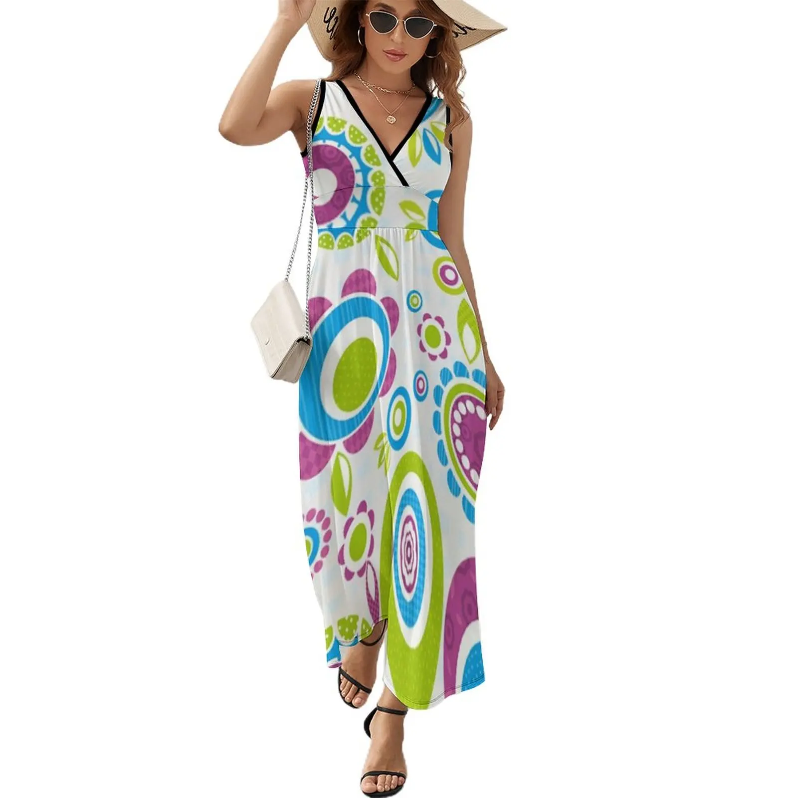 

Retro Mod Green, Purple and Aqua Flowers and Abstract Sleeveless Dress long dress women summer