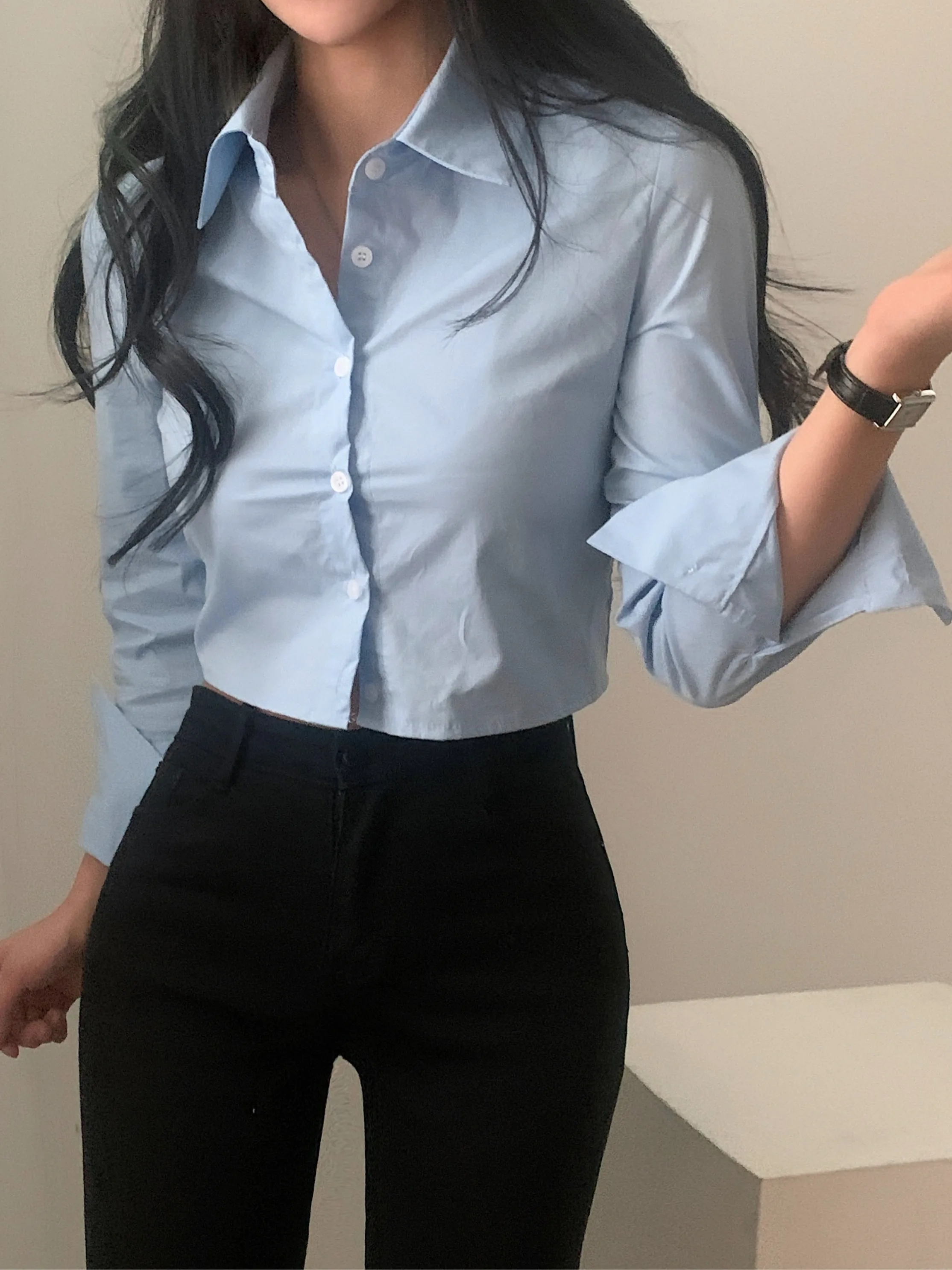 

Chic Early Spring Slim Fit Color Basic ort High Waist Long Sve Women's irt Casual Collar Commute Sle Spring 2025