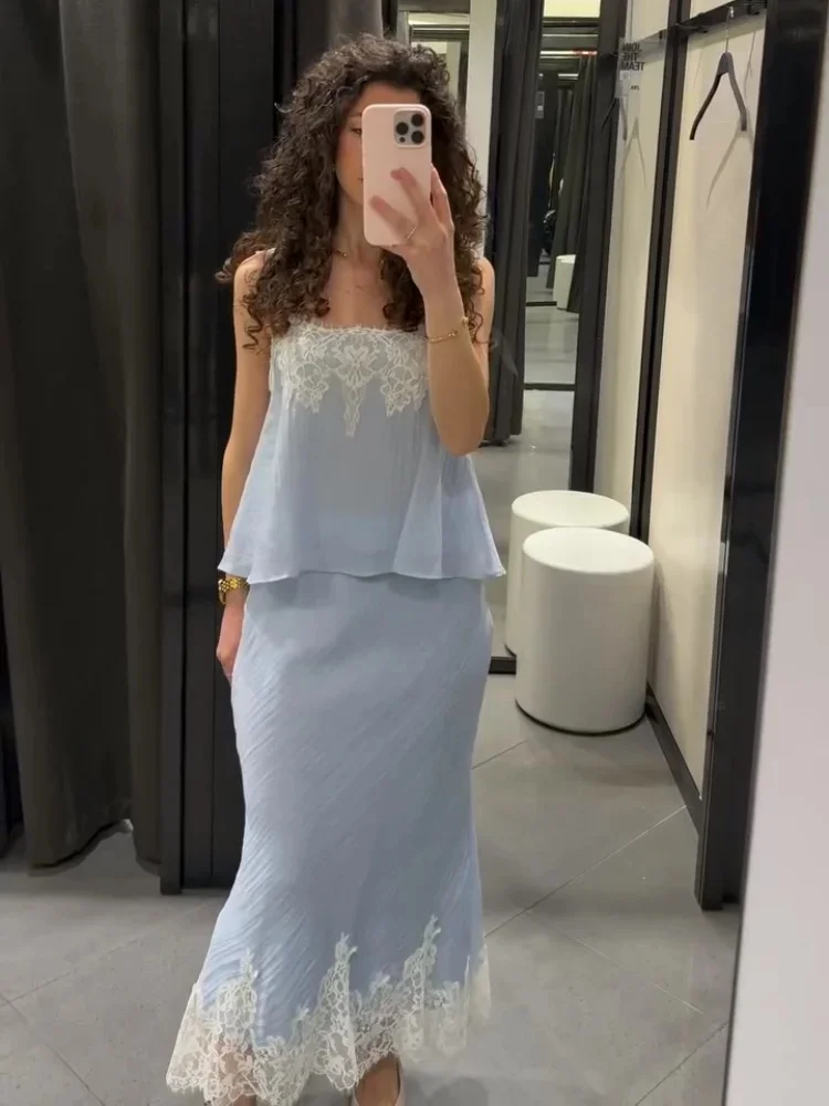 Elegante blaue Spitzen-Halbrock-Sets für Damen oder sexy ärmellose rückenfreie Spitzen-Camisoles für Frauen oder High-Street-Midi-Spitzenröcke für Damen