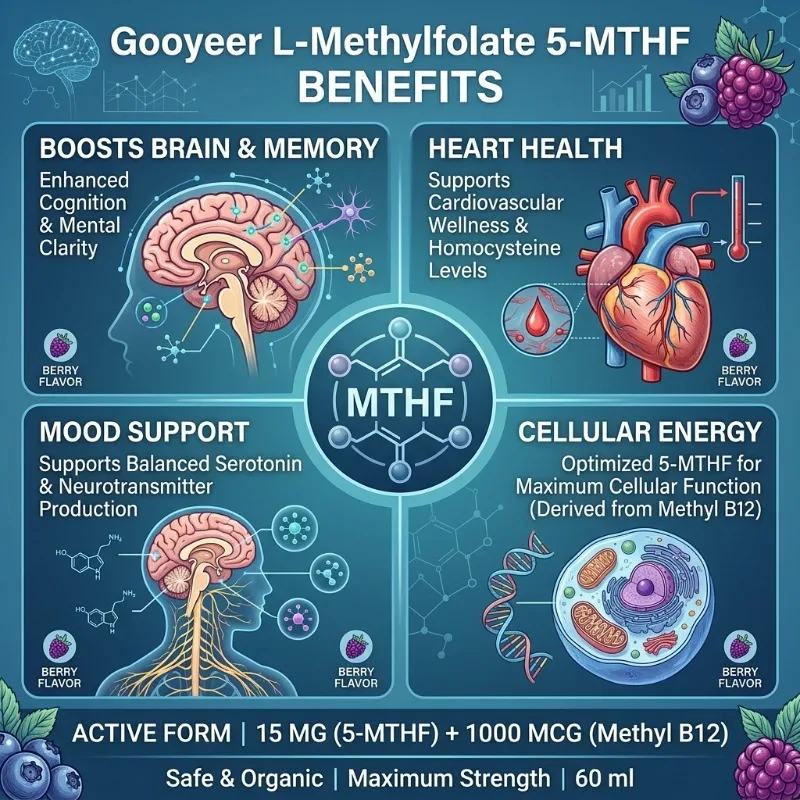 L-Methylfolate 5-MTHF Liquid Drops - Boosts Brain Memory, Heart Health & Mood Support with Methyl B12 1000mcg Berry Flavor 60ml
