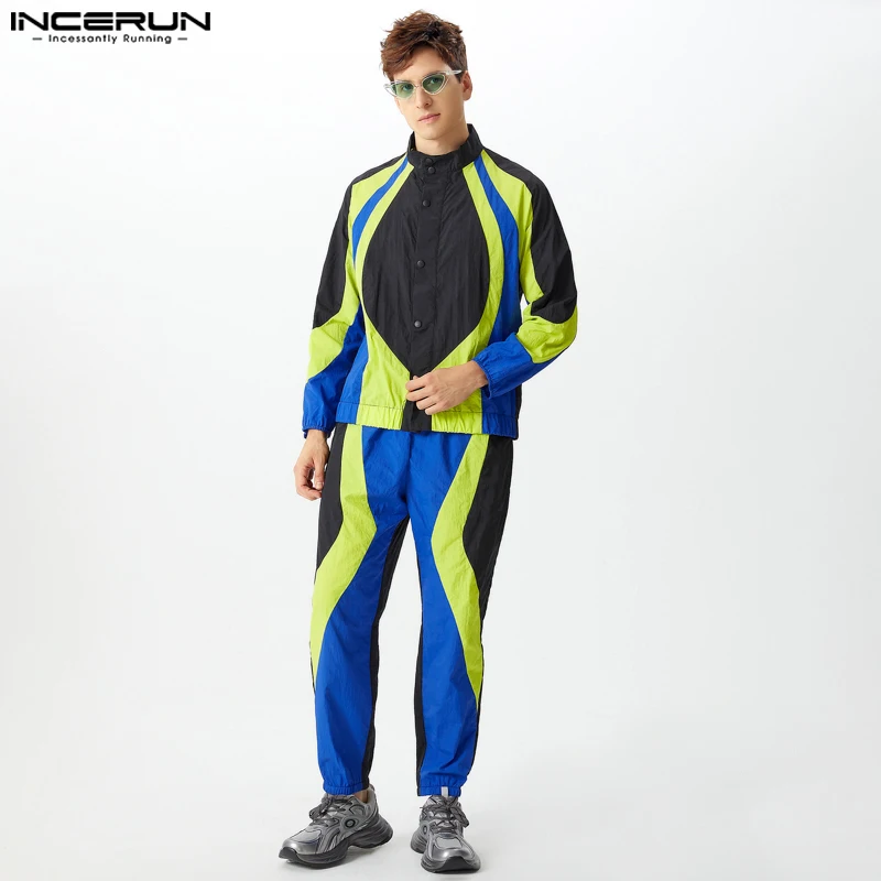 INCERUN 2024 American Style Sets Fashion Men Spliced Contrasting Long Sleeved Shirts Long Pants Casual Streetwear Two-piece Sets