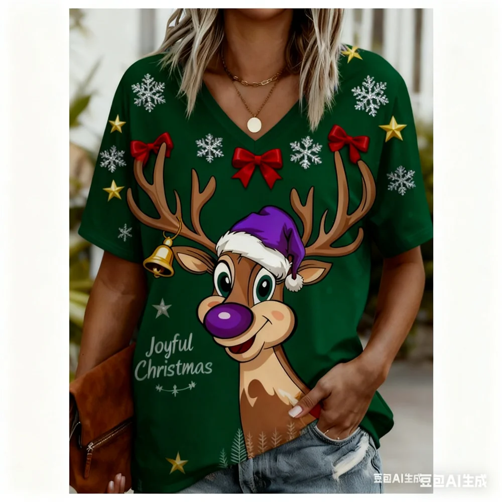 クリスマス レディース Tシャツ 3D パターンプリント V ネック Tシャツ 速乾性 新年 Tシャツ 新しい女性用トップス y2k 女性用服