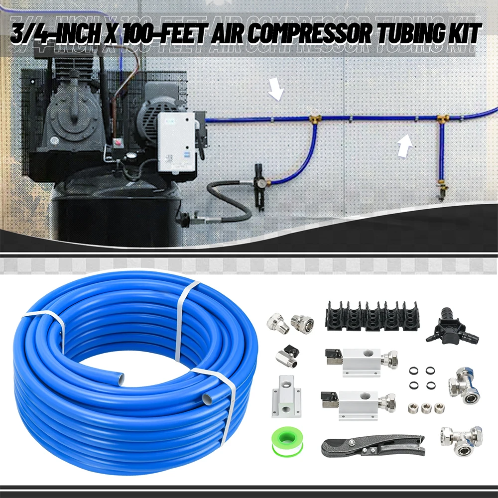 M7500 Compressed Air Piping System with 3/4 Inch ID x 100 feet HDPE Tubing & Aluminum Outlet Blocks For Garage Connect