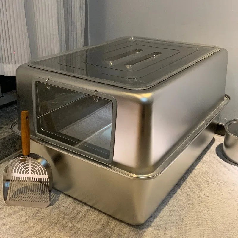 Jumbo Stainless Steel Cat Litter Box Anti-Splash Ventilated Open Semi Enclosed Large Cat Toilet Pan