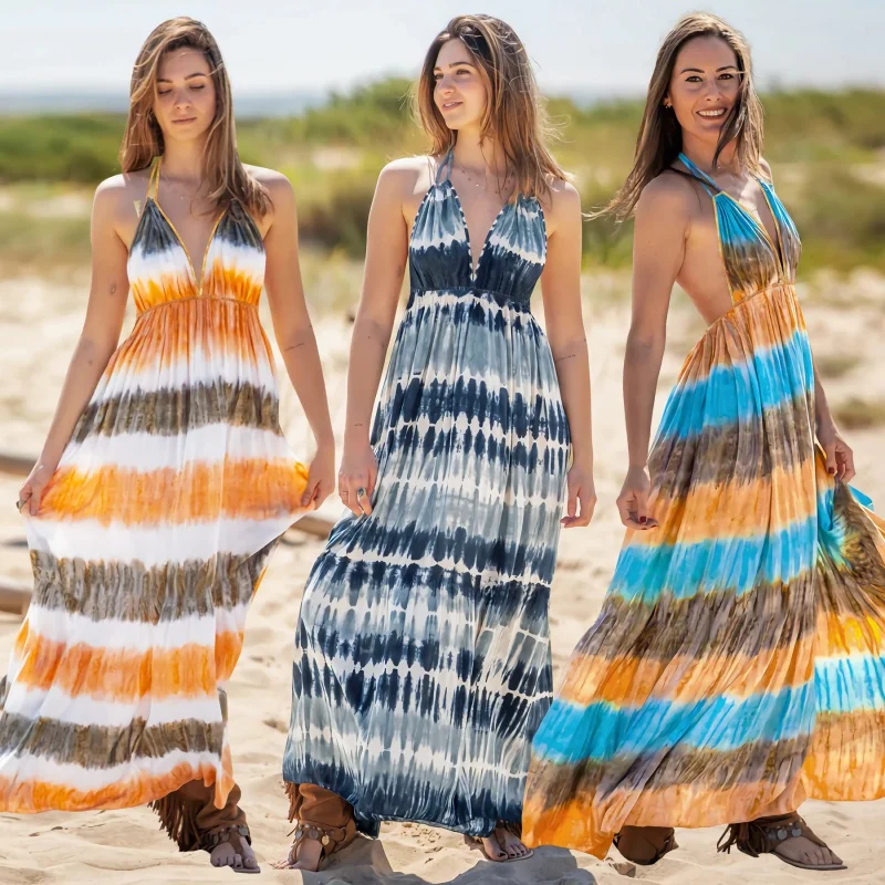 Women Dress Tie-dyed Striped Sleeveles Dress suspender backless printed skirt Bohemian beach long skirt