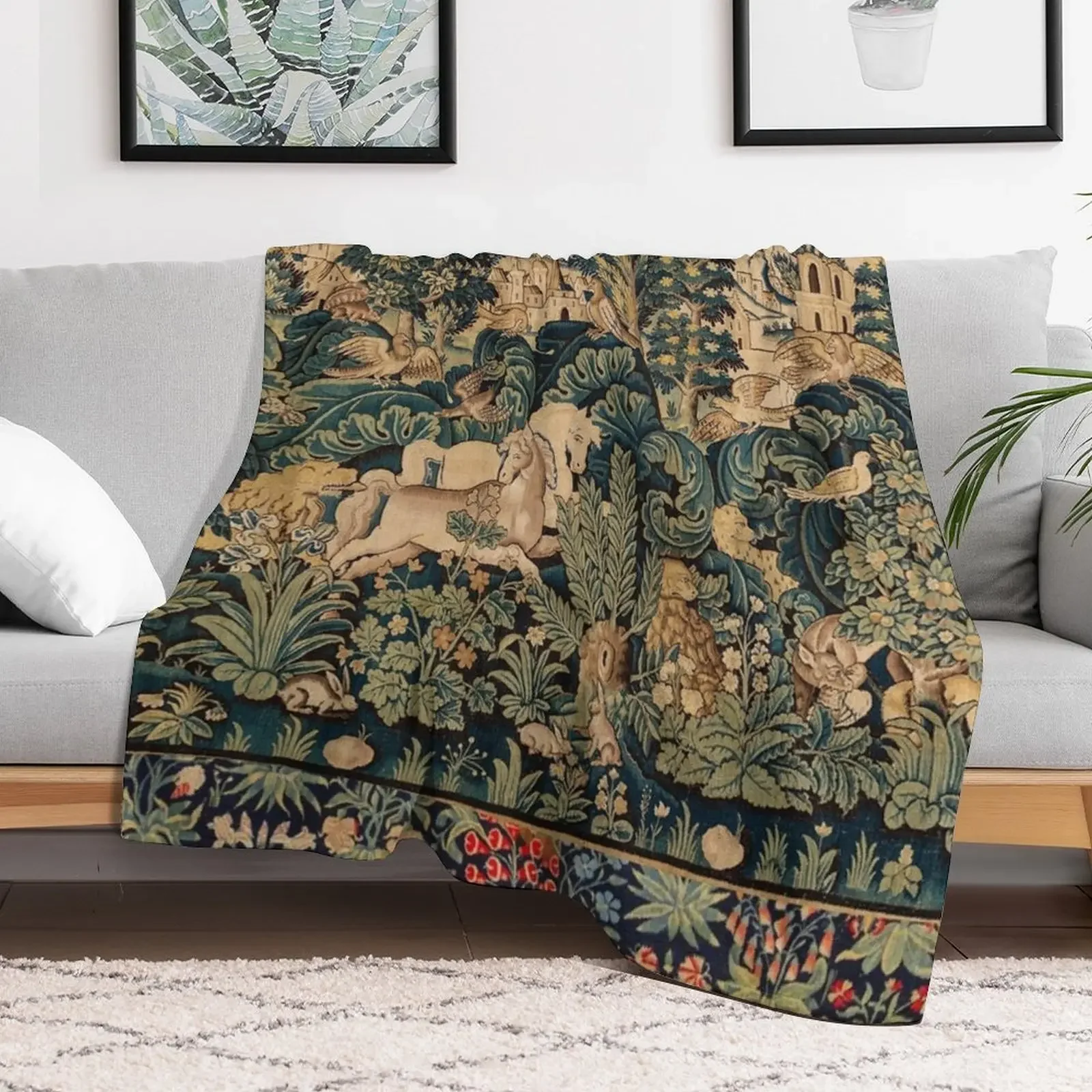 FANTASTIC ANIMALS AND HORSES IN WOODLAND Blue Green Ivory Antique French Tapestry Throw Blanket Luxury Throw Thermal Blankets