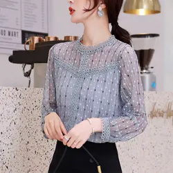 Women Lace Patchwork O-Neck Long Sleeve Shirts Temperament Casual Tops Simplicity Office Clothes Lady Autumn New Style Fashion