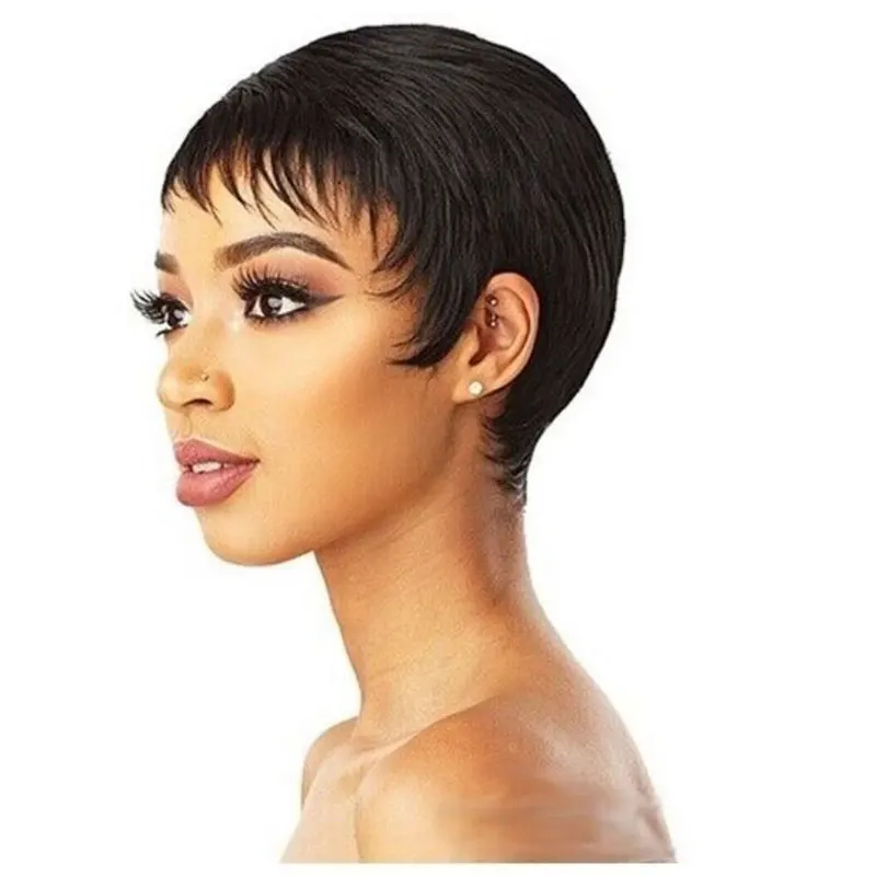 Peluca de duendecillo en capas ondulada corta, cabello humano con corte de niño, pelucas de cabello humano corto para mujeres negras, pelucas de cabello brasileño hechas a máquina en venta