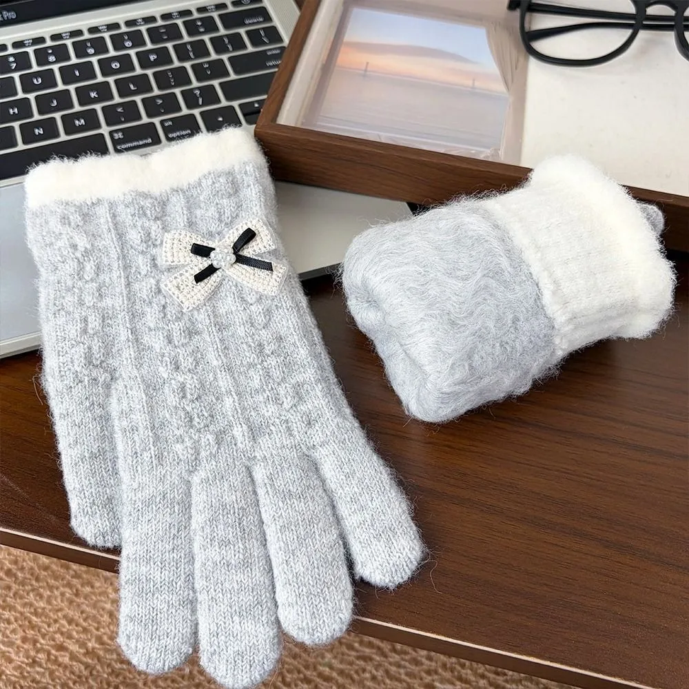 Fleece Lined Full Finger Cable Knitted Gloves Bow Decoration Warm One Tip Touch Screen Gloves Faux Alpaca Thick Winter Gloves