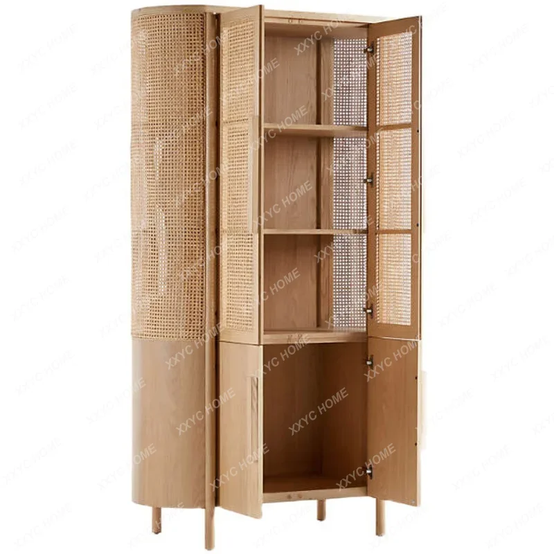 XX Retro Woven Rattan Wardrobe Solid Wood Natural ColorStorage Cabinet Simple  Style Stainless Steel Hollo