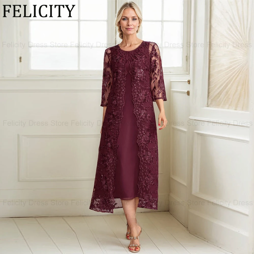 

FELICITY 2 Pieces Gorgeous Mother of the Bride Dress 2025 Customized A-line Scoop Lace Chiffon Wedding Guest Party Gowns Sequins