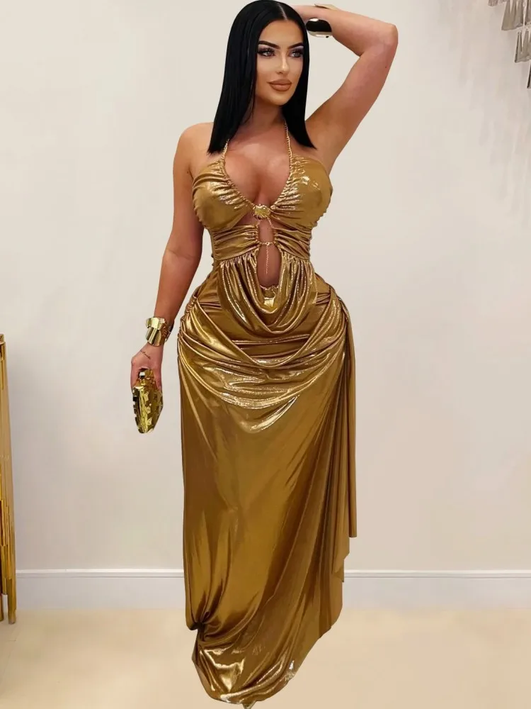 

African Dresses For Women Hollow Out Africa Clothing Sleeveless Ruched Dress Sexy V-Neck Slim Long Maxi Dress Office Lady Party
