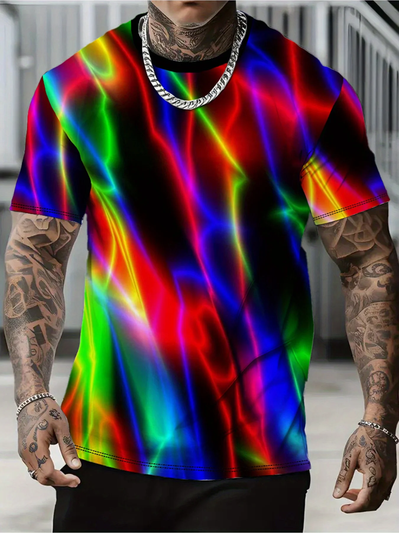 

1 шт. Мужская летняя повседневная футболка с 3D красочным принтом для занятий спортом на открытом воздухе - легкая дышащая полиэфирная ткань, круглая с коротким рукавом