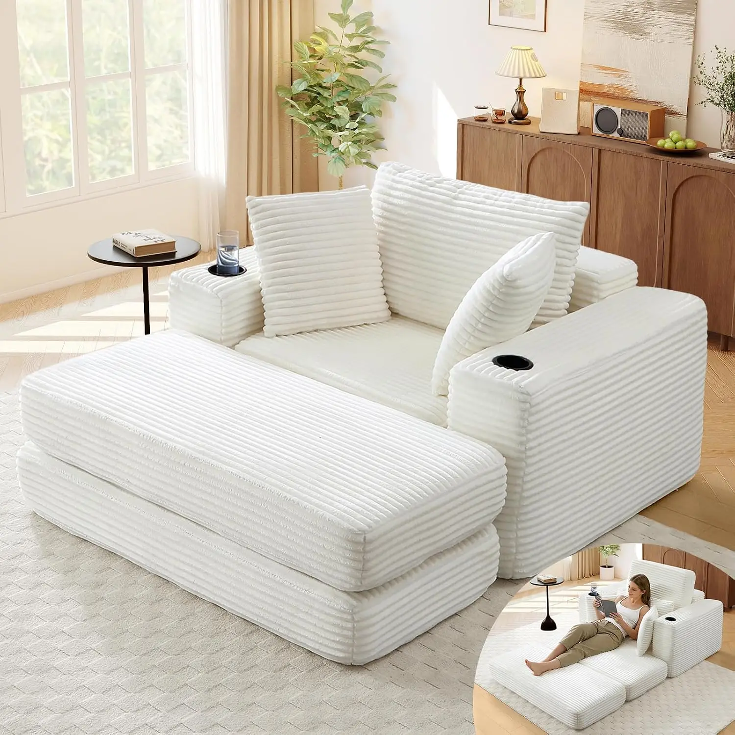 Boneless Corduroy Chaise Lounge Chair Indoor, 52-inch 4-in-1 Folding Convertible Sofa Bed w/Cup Holders, Modern, Customized