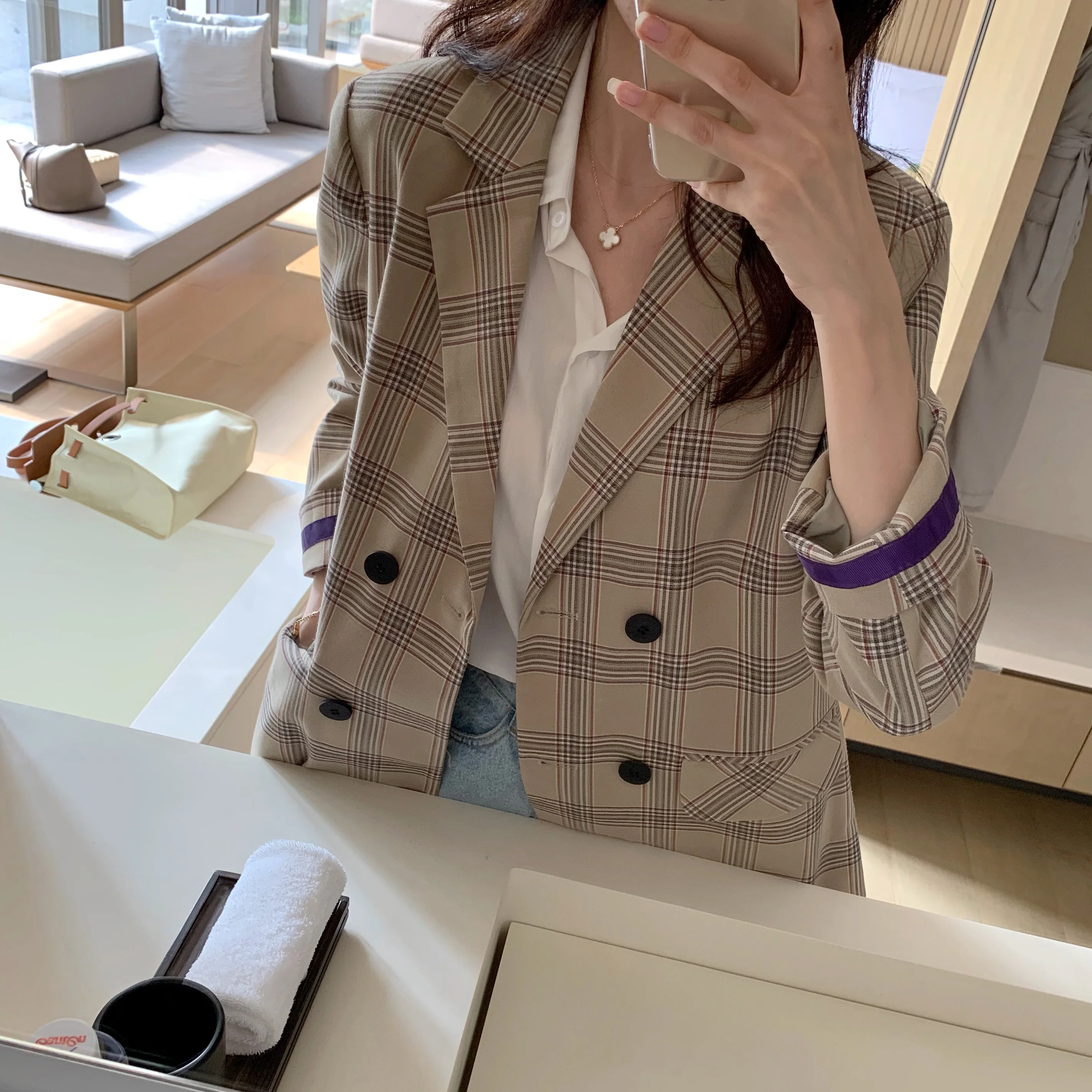 

Модный женский клетчатый жакет свободного кроя с двубортной застежкой в корейском и британском стиле для весны и осени