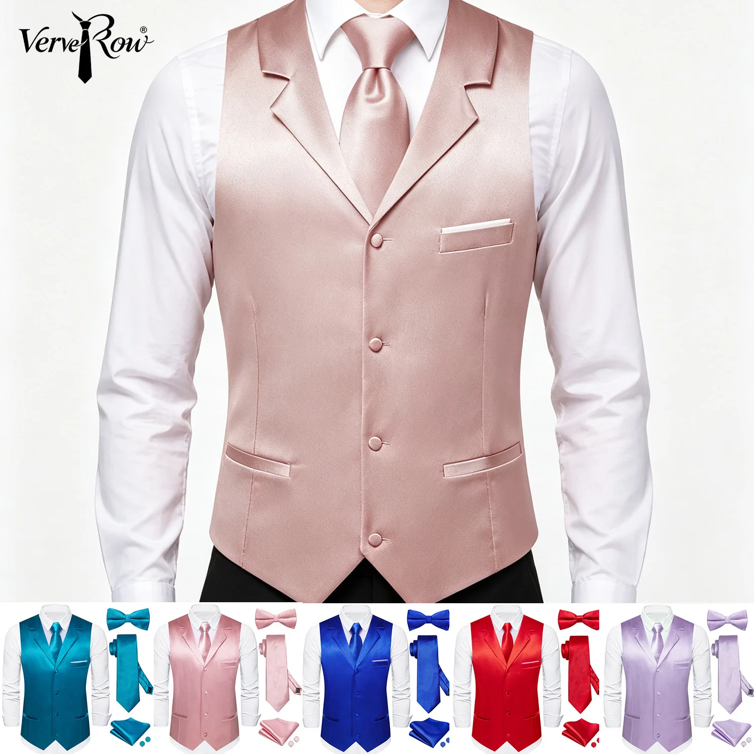 VerveRow Men Rose Gold Lapel Satin Waistcoat  5‑Pcs Set Vest+Necktie+Bow Tie+Pocket Square+Cufflinks, Blue/Teal/Pink/Red/Navy