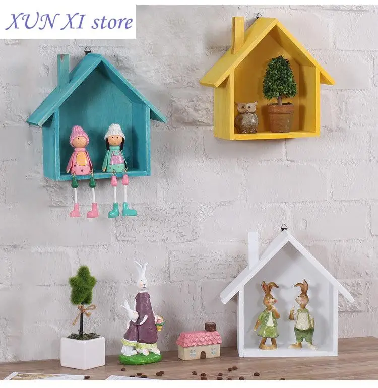 

Creative Wooden Wall Decor Retro Colored House Shaped Shelf Shelves Wood Children Bedroom Craft Decor Wall Mounted