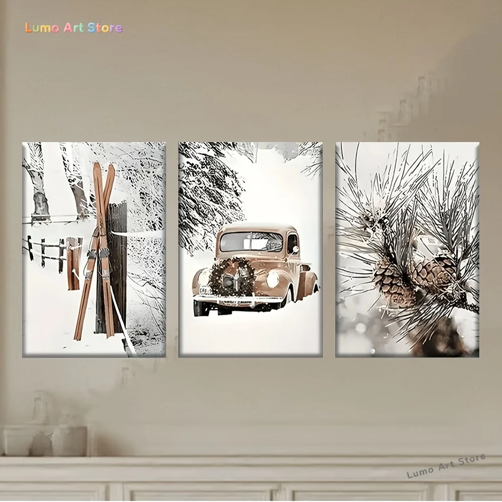 3pcs, Canvas painting--Unframed, black and white photo of car in the snow, Artist Drawing Set, bar, office, perfect birthday,