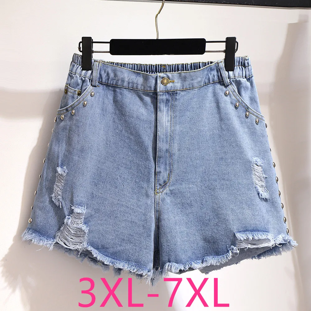 Zomer Plus Size Y 2K Denim Shorts Voor Dames Losse Casual Elastische Taille Klinknagel Gat Sexy Mini Jeans Shorts Grote 4xl 5xl 6xl 7xl