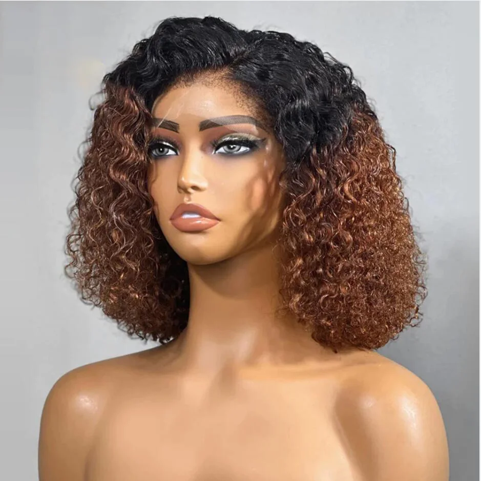 

Soft Ombre Honey Blonde Brown Glueless Short Cut Bob Kinky Curly Deep Lace Front Wig For Black Women BabyHair Prepluecked Daily