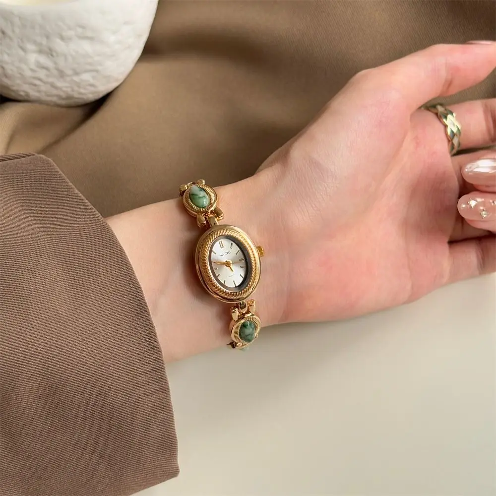 Vintage Colored Gemstones Ladies Watch Oval Elegant Quartz Watch Luxury Gift Wristwatch