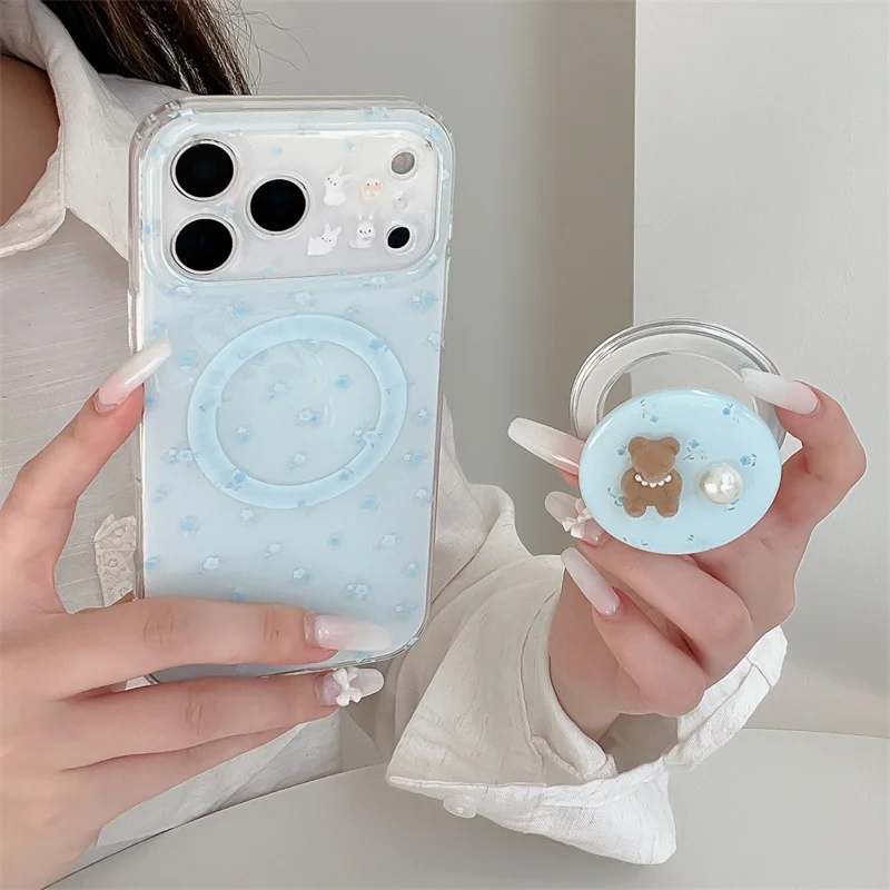 

Kawaii Light Blue Floral For MagSafe Clear Phone Case With For iPhone 15 16 17 Pro Max INS Fresh Style Shockproof Cover