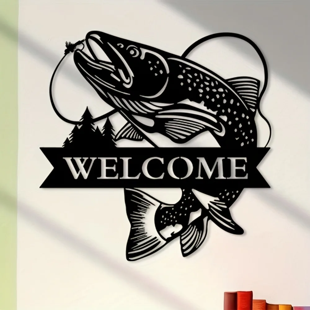 1pc Rustic Trout Fishing Metal Wall Art, Realistic Jumping Iron Fish Sculpture for Indoor Outdoor Decor, Angler Gift