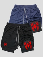 2pcs 2-in-1 Double Layer Fashion Spider Print Men's Casual Sports Shorts