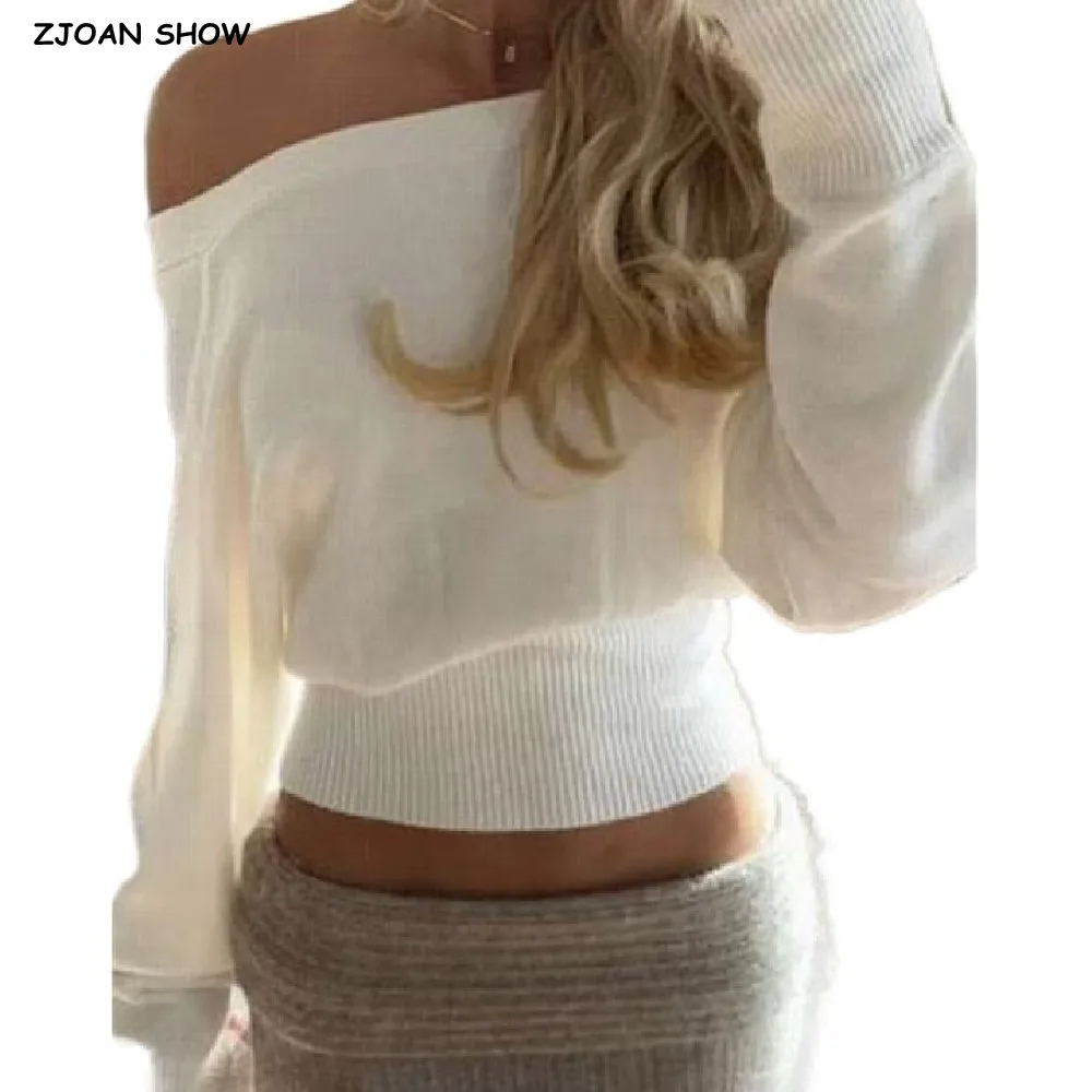 2025 Autumn Women Ivory white Knitted Single Off Shoulder Sweater Knitwear Slim Rib Hem Full Sleeve Jumper High Waist Knitwear