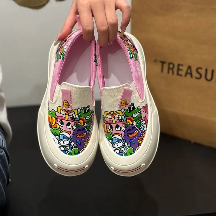 Girls Graffiti Personality Canvas Shoes Women Spring New Round Head Thick Sole Sneakers Outdoor Flats Slip-on Casual Loafers