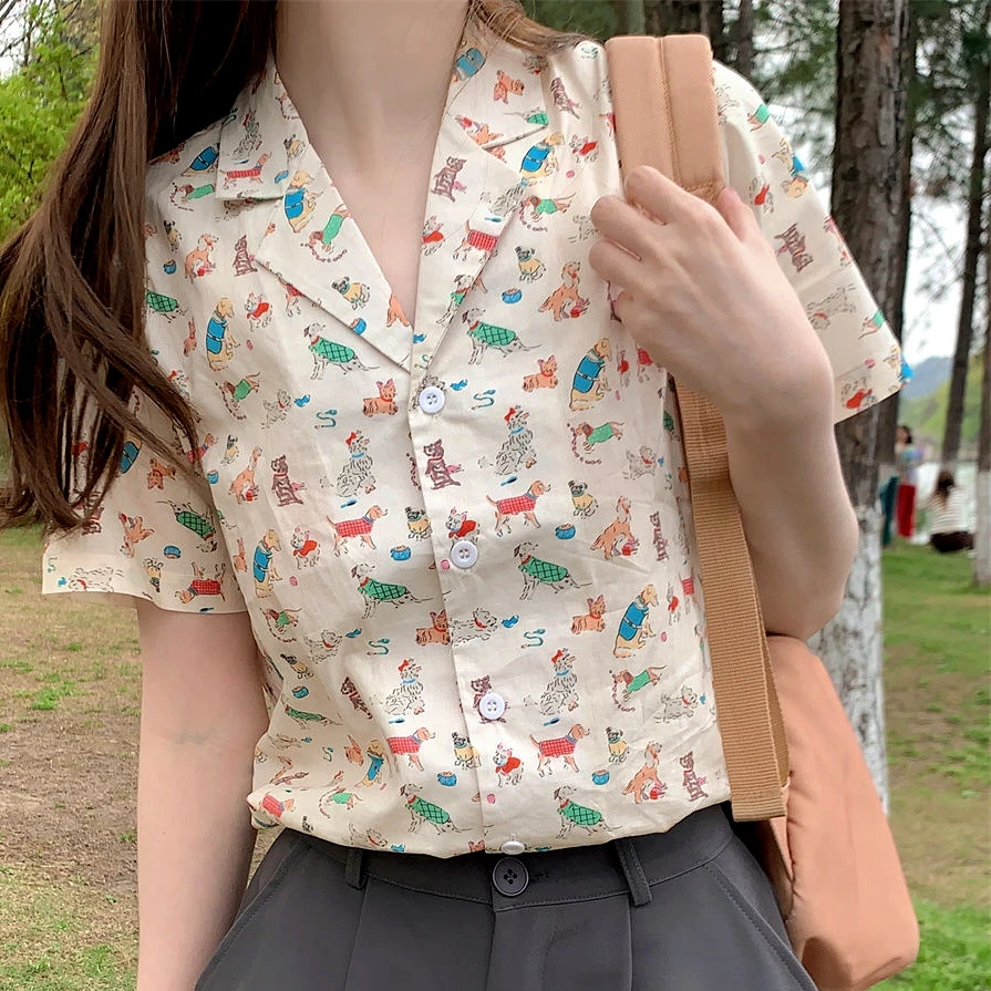 American Cartoon Pet Dogs Full Print Button Up Shirt Cute Preppy Y2K Blouses Short Sleeve Summer Tops Hawaii Beach Kawaii Tees